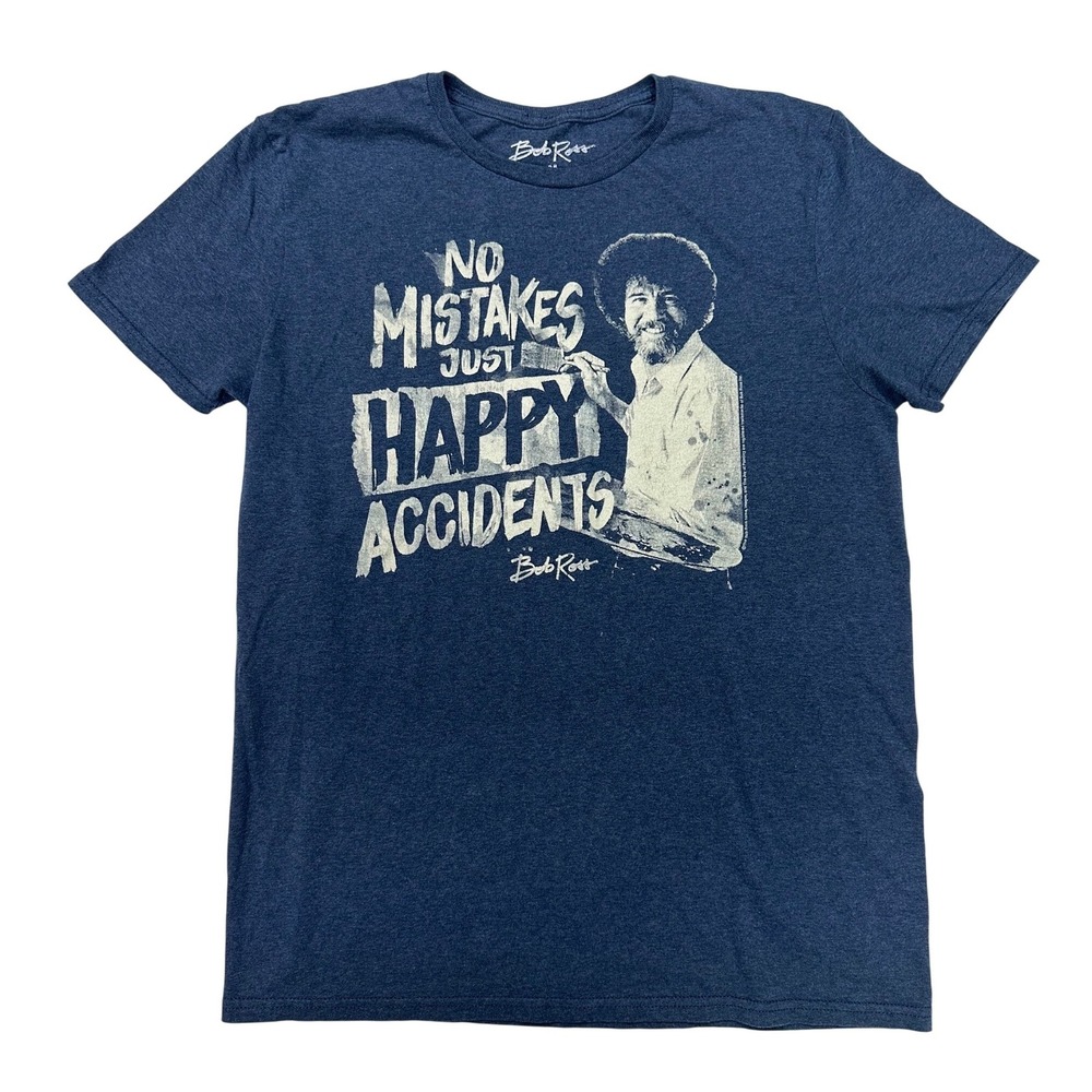Bob Ross Graphic Tee Blue Happy Accidents Painter Artist Short Sleeve Medium